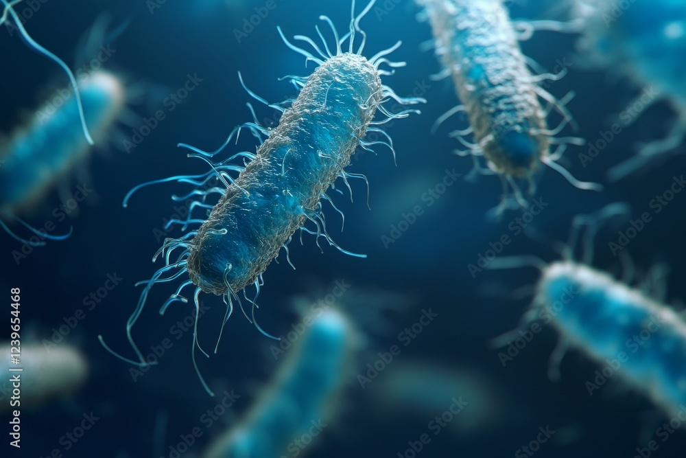 Fototapeta premium Microscope close-up with an abstract virus model shown in a laboratory space