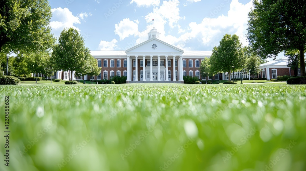 Obraz premium College campus building, sunny day, green lawn, perfect for education brochures