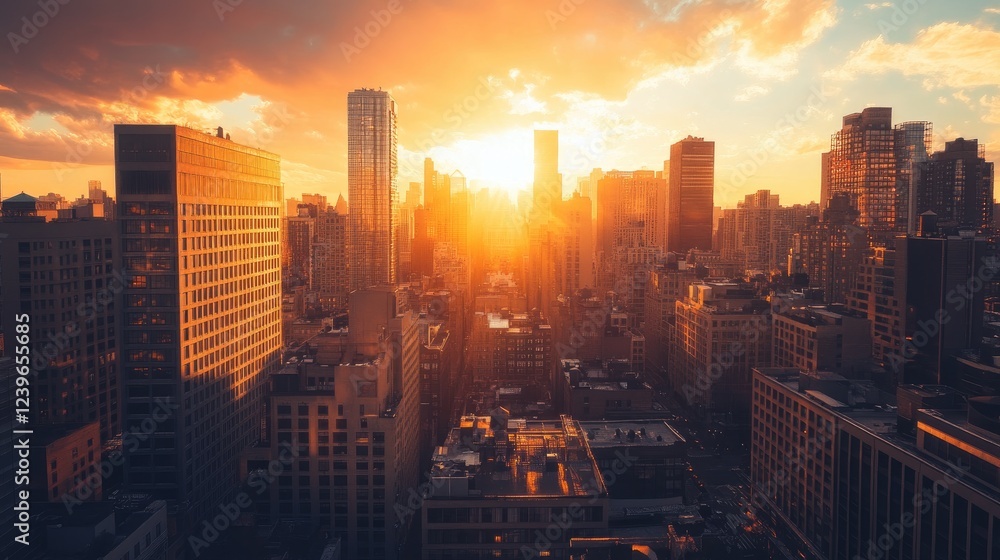 Obraz premium A panoramic view of a bustling cityscape at sunset, with warm golden hues lighting up the urban landscape for a moment of discovery.