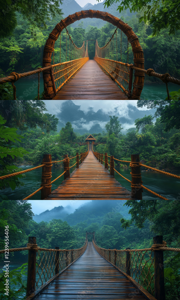 Fototapeta premium Scenic Wooden Rope Bridge Over Tropical River