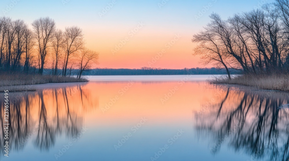Fototapeta premium A peaceful lake framed by perfectly aligned trees reflects the soft colors of a pastel sunset sky, creating a tranquil and harmonious landscape.