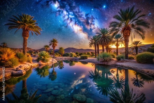 Milky Way Oasis: Palm trees silhouette against a vibrant Milky Way galaxy reflected in a tranquil pond, creating a breathtaking celestial landscape. photo