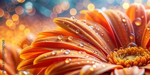 Dew Drops on Orange Flower Petals - Soft Bokeh Background Stock Photo