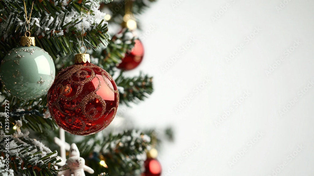Closeup of Red and Green Christmas Ornaments on Snowy Tree Closeup of Red and Green Christmas Ornaments on Snowy Tree