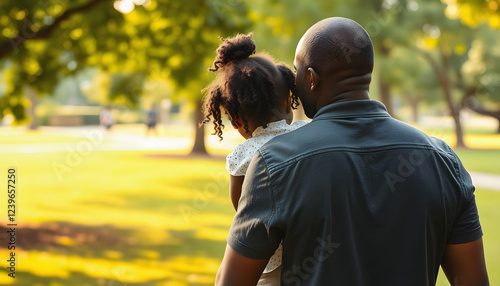 Enjoy togeter African Father with daughter on back at park , with white tonespng photo