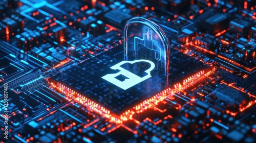 Abstract technological illustration of a glowing padlock symbol on a circuit board