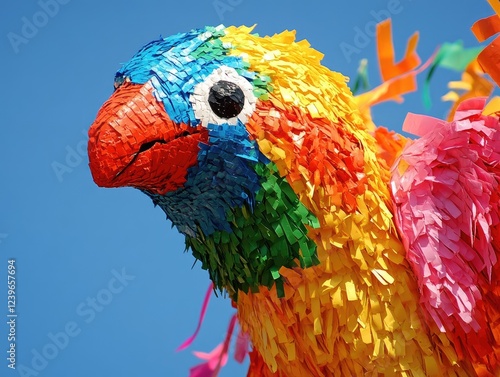 Vibrant bird piÃ±ata with colorful paper against a clear blue sky photo