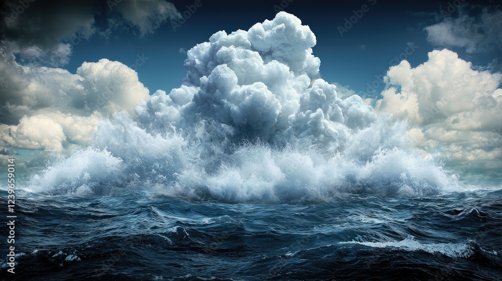 Fototapeta premium Dramatic ocean waves crashing under a massive storm cloud