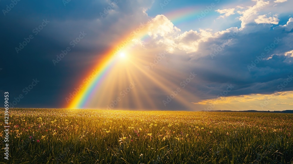 A rainbow forms above a calm, sunlit field of grass, with rays of light gently breaking through the clouds, creating a peaceful setting A rainbow forms above a calm, sunlit field of grass, with rays of light gently breaking through the clouds, creating a peaceful setting