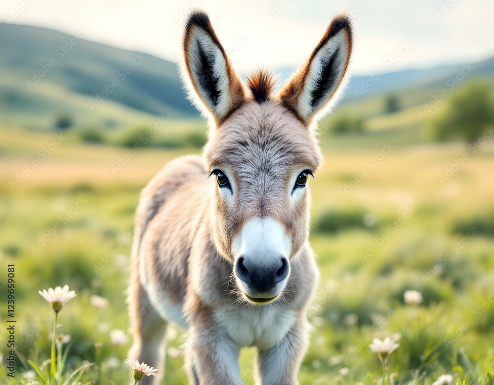 Baby Donkey Mule Standing in Watercolor - Generative AI Soft, Gentle Watercolor Style of a Cute Baby Mule in Serene Meadow with Rolling Hills and Flowers.
Baby Donkey Mule Standing in Watercolor - Generative AI Soft, Gentle Watercolor Style of a Cute Baby Mule in Serene Meadow with Rolling Hills and Flowers.
