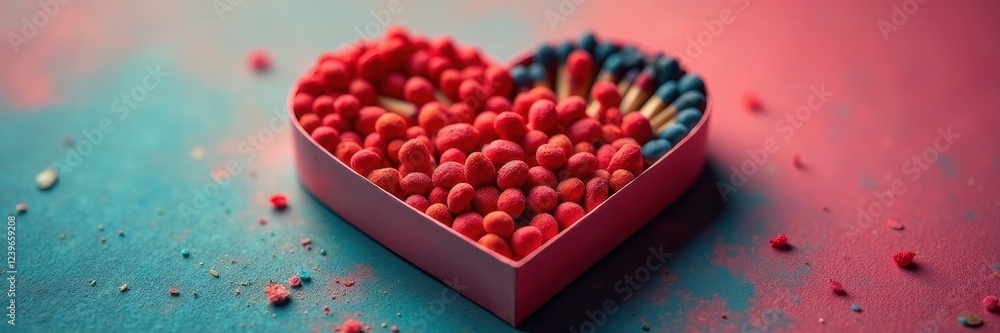 Various colored matchboxes arranged as a heart , design element, arrangement