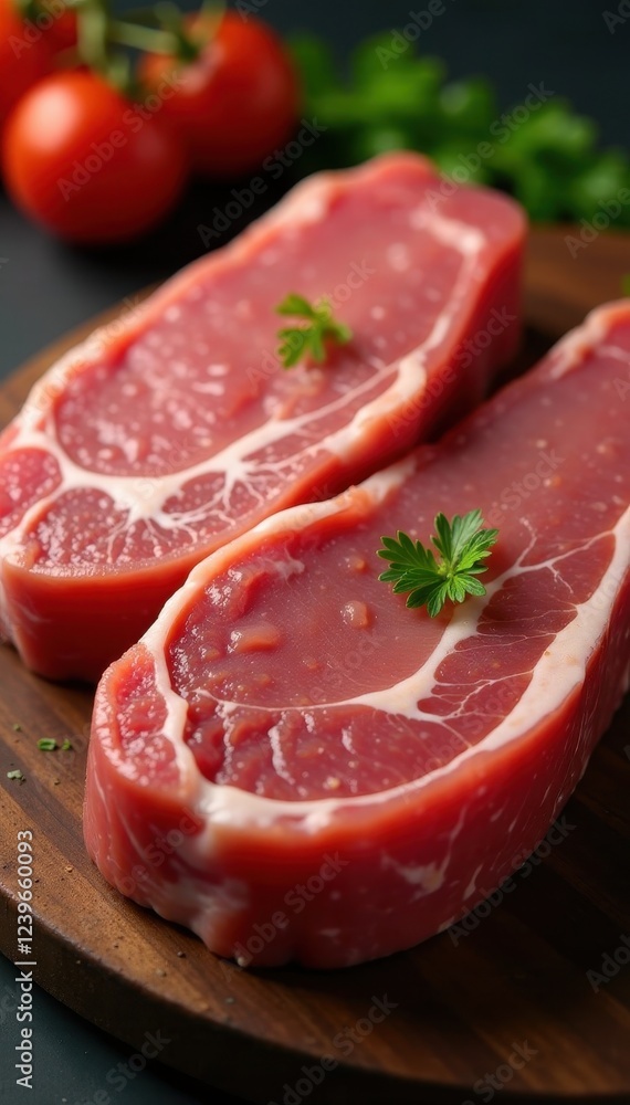 Close-up of raw organic pork chops, packaging, close-up, meat texture Close-up of raw organic pork chops, packaging, close-up, meat texture