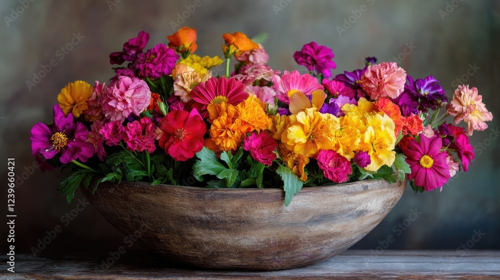A rustic wooden bowl overflowing with colorful, vibrant flowers, capturing a blend of nature beauty and elegant charm, ideal for a cozy and welcoming atmosphere. A rustic wooden bowl overflowing with colorful, vibrant flowers, capturing a blend of nature beauty and elegant charm, ideal for a cozy and welcoming atmosphere.
