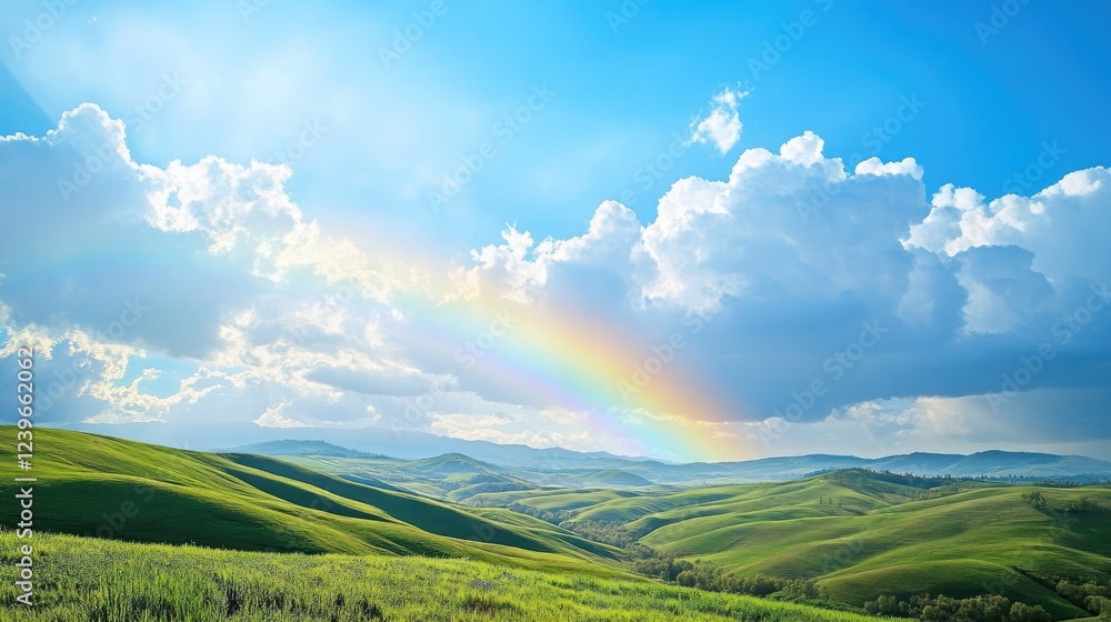 A serene view of rolling green hills, a bright rainbow spanning the horizon under a calm blue sky with puffy clouds floating above. A serene view of rolling green hills, a bright rainbow spanning the horizon under a calm blue sky with puffy clouds floating above.