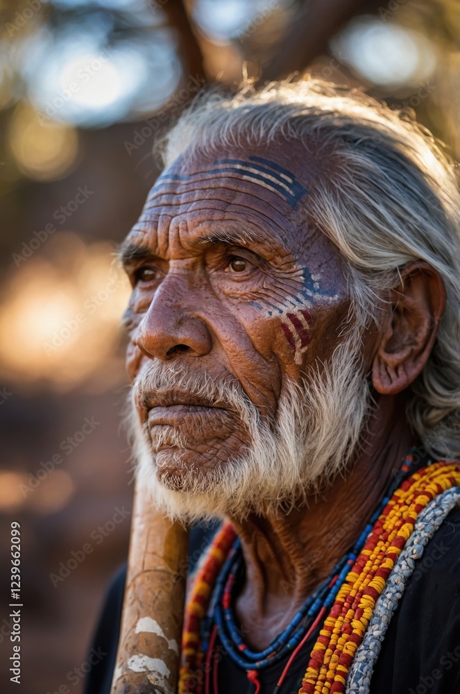 Portrait of an elderly indigenous man with traditional facial markings and adornments. His weathered face tells a story of a life lived in harmony with nature. Portrait of an elderly indigenous man with traditional facial markings and adornments. His weathered face tells a story of a life lived in harmony with nature.