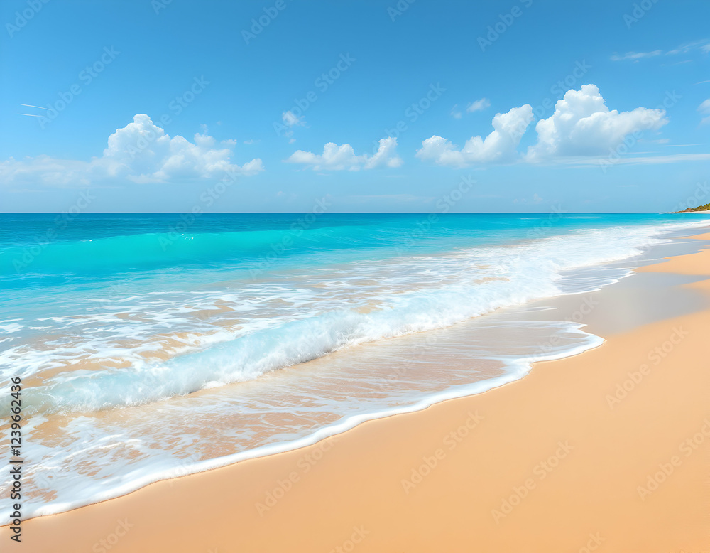 Beautiful Sandy Beach with Soft Blue Ocean Waves – Generative AI Tropical Paradise Background, Serene Coastal Landscape in Stunning High Detail.
