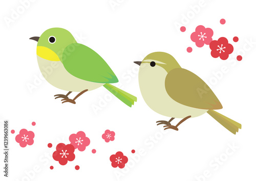 めじろとうぐいすと梅の花のイラスト