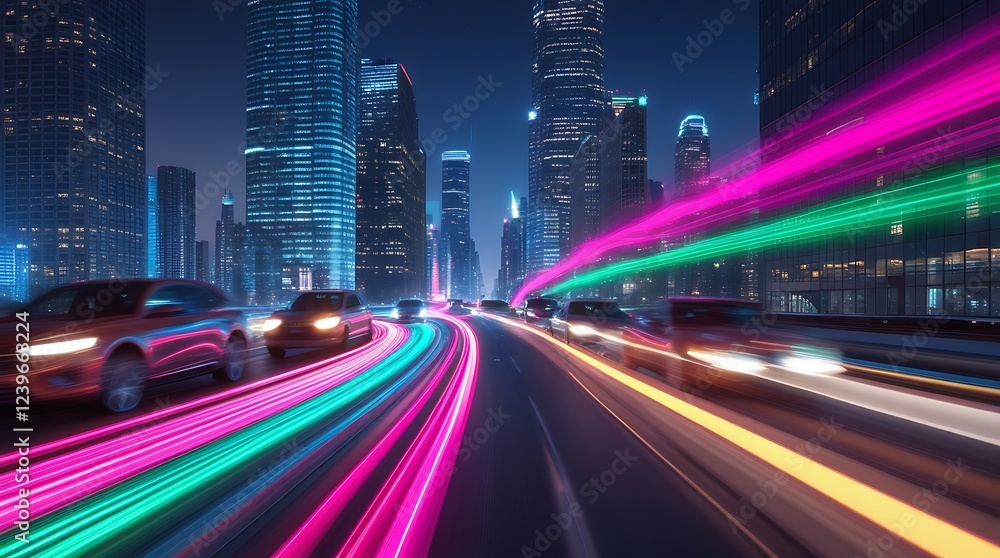 Fototapeta premium Long Exposure Light Trails of Traffic on a Busy City Street at Night with Skyscrapers in the Background, Capturing the Energy and Motion of Urban Life 