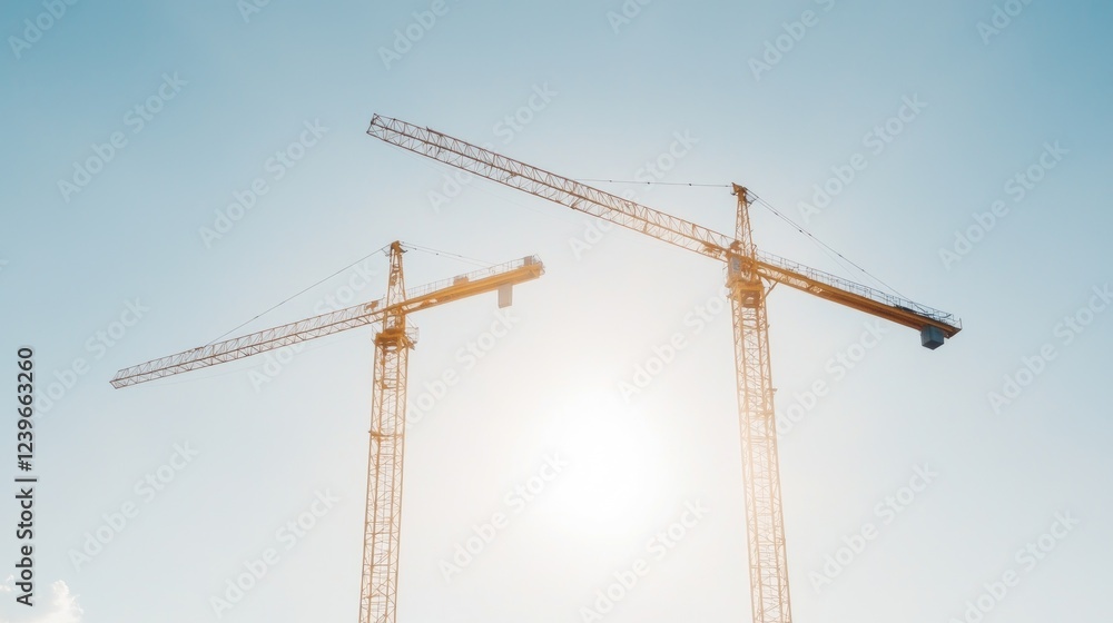 Two construction cranes against a bright sky.  Industry progress
