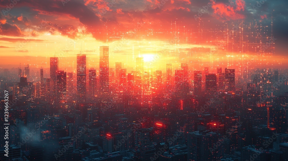 Stunning Sunset Over a Futuristic Cityscape with Vibrant Colorful Lights Stunning Sunset Over a Futuristic Cityscape with Vibrant Colorful Lights