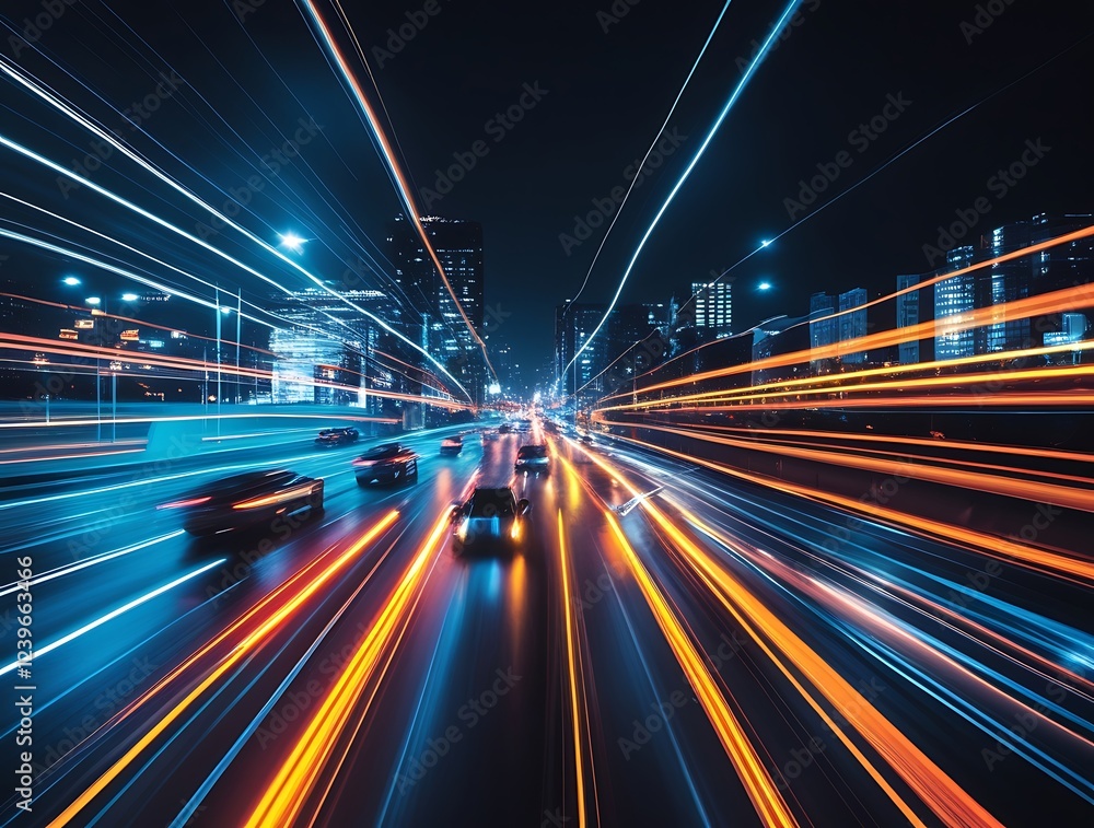 Abstract Long Exposure of City Traffic with Colorful Light Trails and Buildings in the Background, Creating a Futuristic and Dynamic Urban Scene at Night
Abstract Long Exposure of City Traffic with Colorful Light Trails and Buildings in the Background, Creating a Futuristic and Dynamic Urban Scene at Night