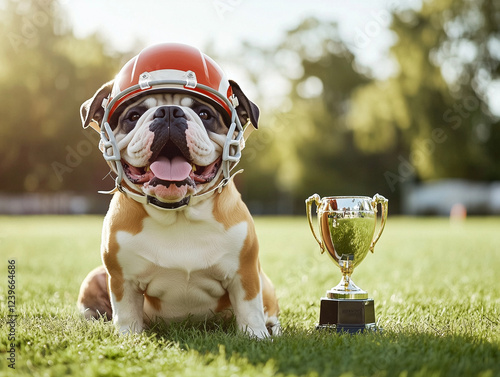 Bulldog wearing a football helmet, sitting on a grassy field with a Super Bowl trophy in the background
