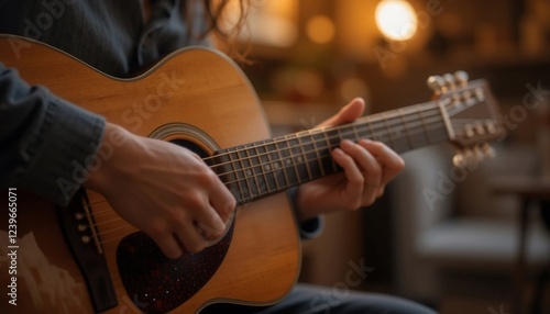 Person Playing Acoustic Guitar Close Up Hands Musical Instrument Wood Warm Lighting