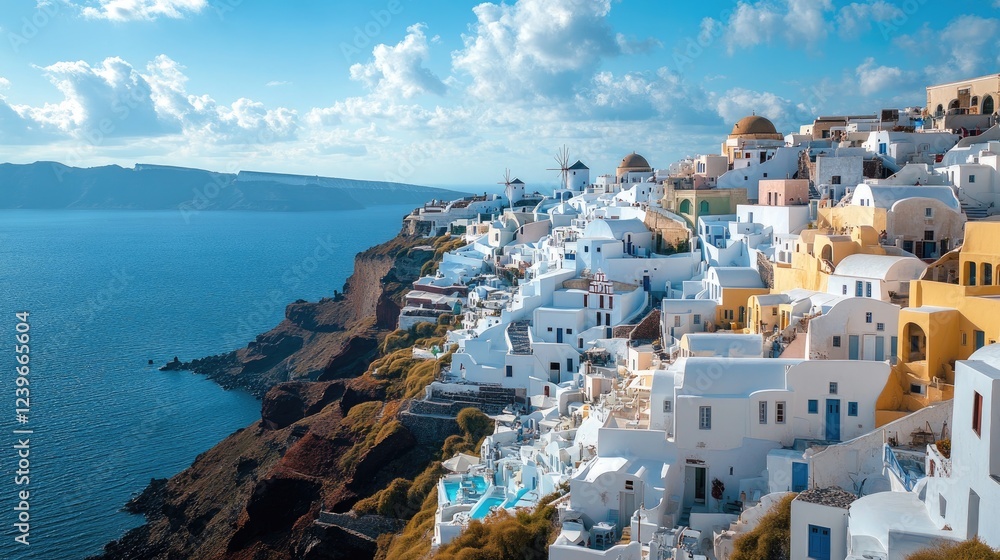 Obraz premium A stunning high-angle view of Oia, Santorini, showcasing the charming whitewashed buildings cascading down the cliffside with the deep blue of the Aegean Sea in the background.
