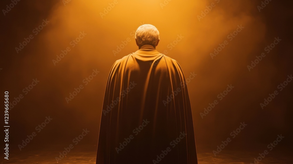 Mysterious Figure in Cloak Against Dramatic Orange Background Mysterious Figure in Cloak Against Dramatic Orange Background