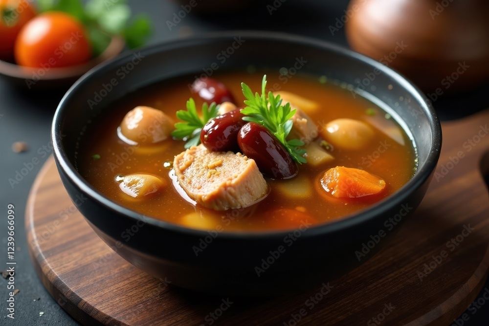 Dark, rich, simmering broth with meat and dried dates , slow cooked, culinary, dried fruit Dark, rich, simmering broth with meat and dried dates , slow cooked, culinary, dried fruit