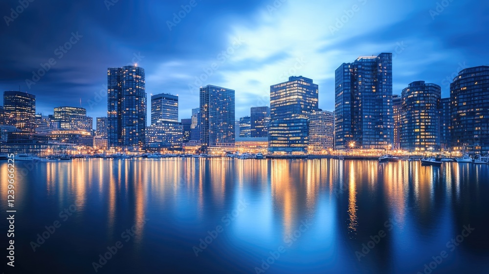 A stunning view of a glowing metropolitan skyline at blue hour, with its bright lights reflecting on a serene harbor, capturing the essence of modern city life. A stunning view of a glowing metropolitan skyline at blue hour, with its bright lights reflecting on a serene harbor, capturing the essence of modern city life.