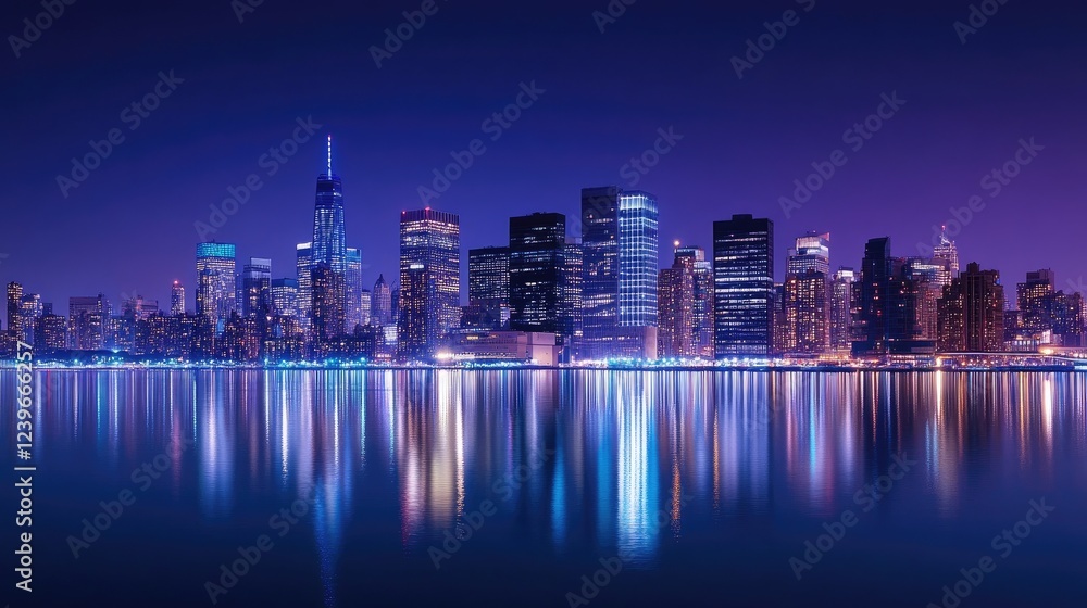 Obraz premium A stunning view of a glowing metropolitan skyline at blue hour, with its bright lights reflecting on a serene harbor, capturing the essence of modern city life.