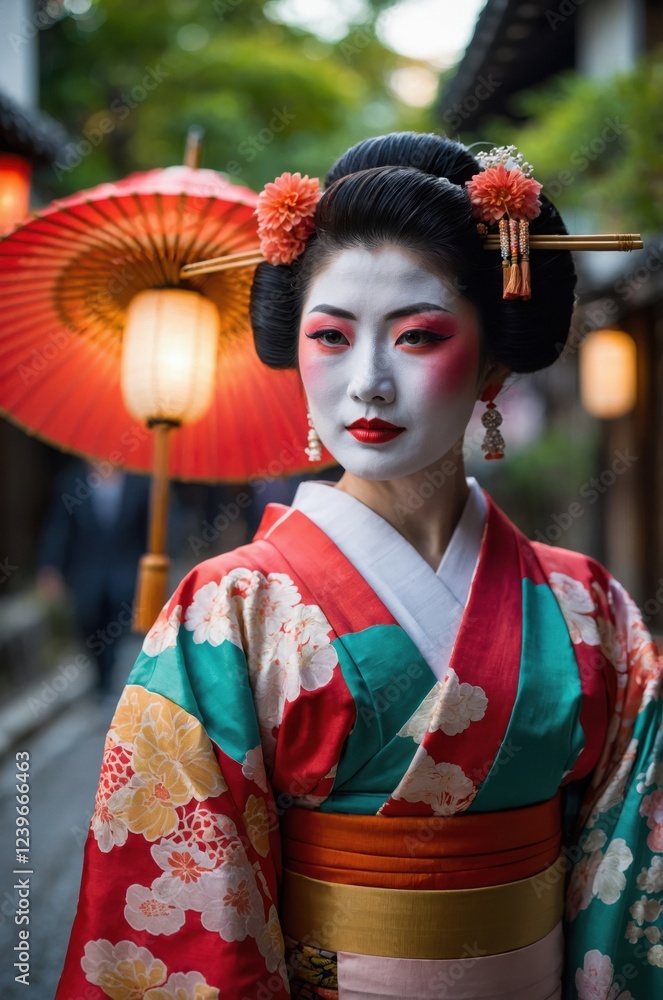 A geisha in traditional kimono, posed elegantly against a backdrop of a Japanese street and paper lantern. A geisha in traditional kimono, posed elegantly against a backdrop of a Japanese street and paper lantern.