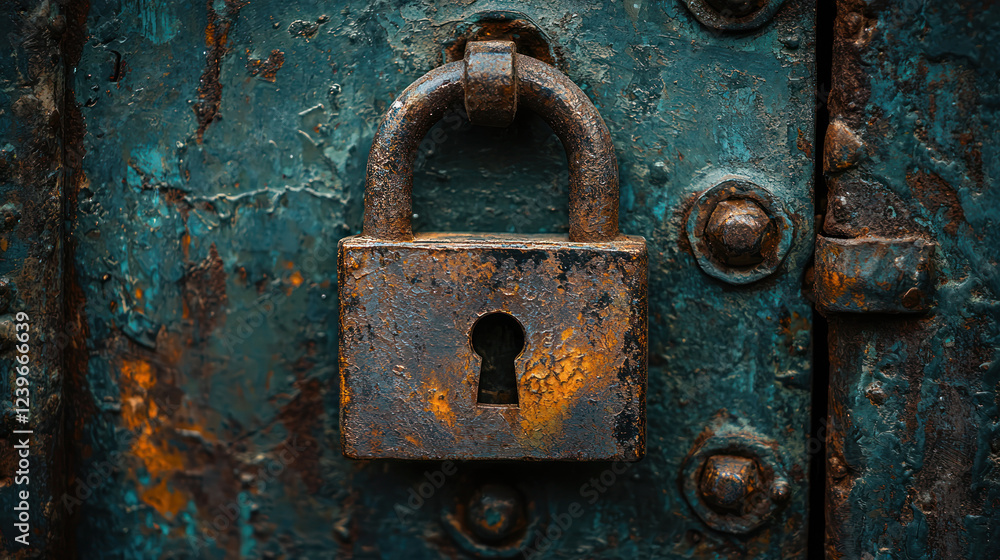 A rusty padlock on weathered metal door symbolizes security and protection A rusty padlock on weathered metal door symbolizes security and protection