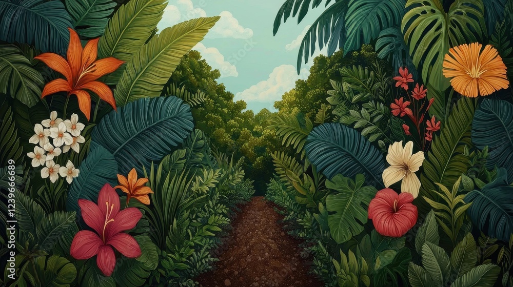 Naklejka premium Lush Tropical Foliage with Vibrant Flowers in a Serene Pathway