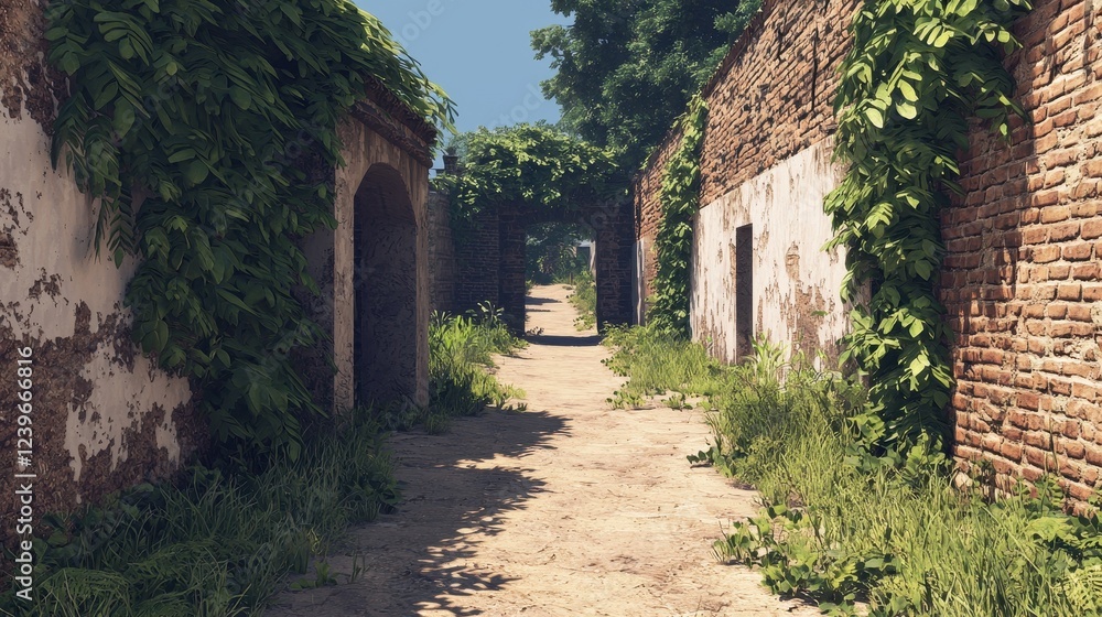 Abandoned Pathway Through Overgrown Historic Brick Walls and Nature Abandoned Pathway Through Overgrown Historic Brick Walls and Nature