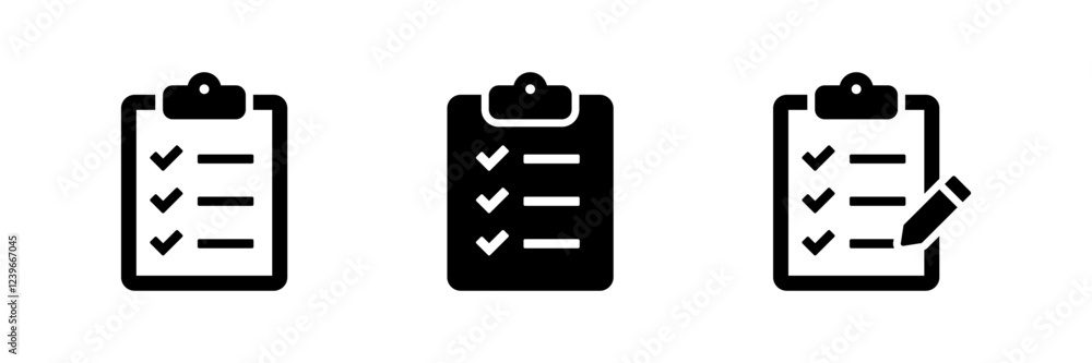 Checklist icon set. Clipboard icon with pencil and check mark tick icon Checklist icon set. Clipboard icon with pencil and check mark tick icon