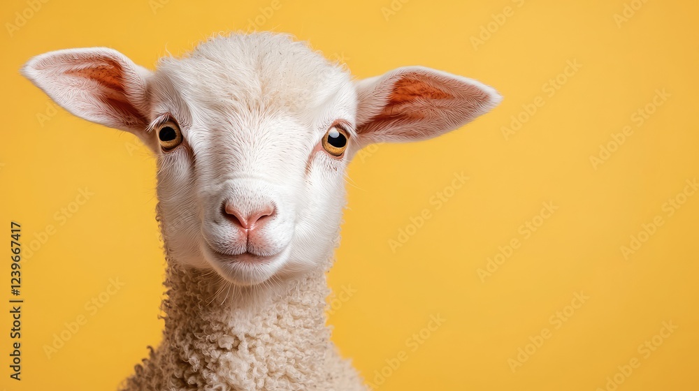 Fototapeta premium Cute lamb portrait, yellow background, farm animal, spring