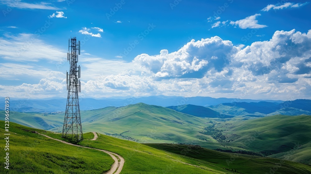 A telecom tower standing tall in the midst of a vibrant green valley, with a bright blue sky above, reflecting the synergy between technology and nature A telecom tower standing tall in the midst of a vibrant green valley, with a bright blue sky above, reflecting the synergy between technology and nature