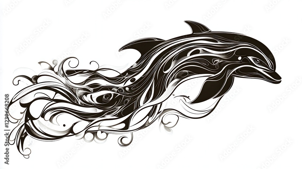 Fototapeta premium Ornate Dolphin Leaping Through Stylized Waves