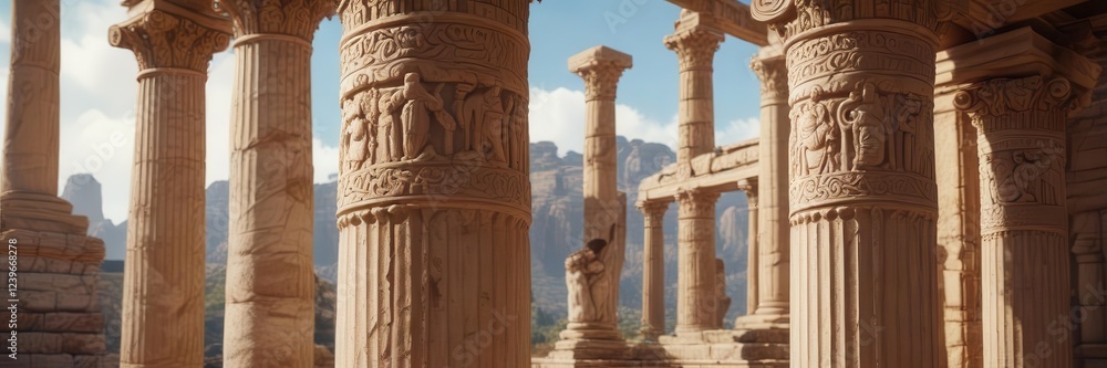 Ancient Greek Temple Columns Adorned with Intricate Carvings, details, temple, architecture Ancient Greek Temple Columns Adorned with Intricate Carvings, details, temple, architecture