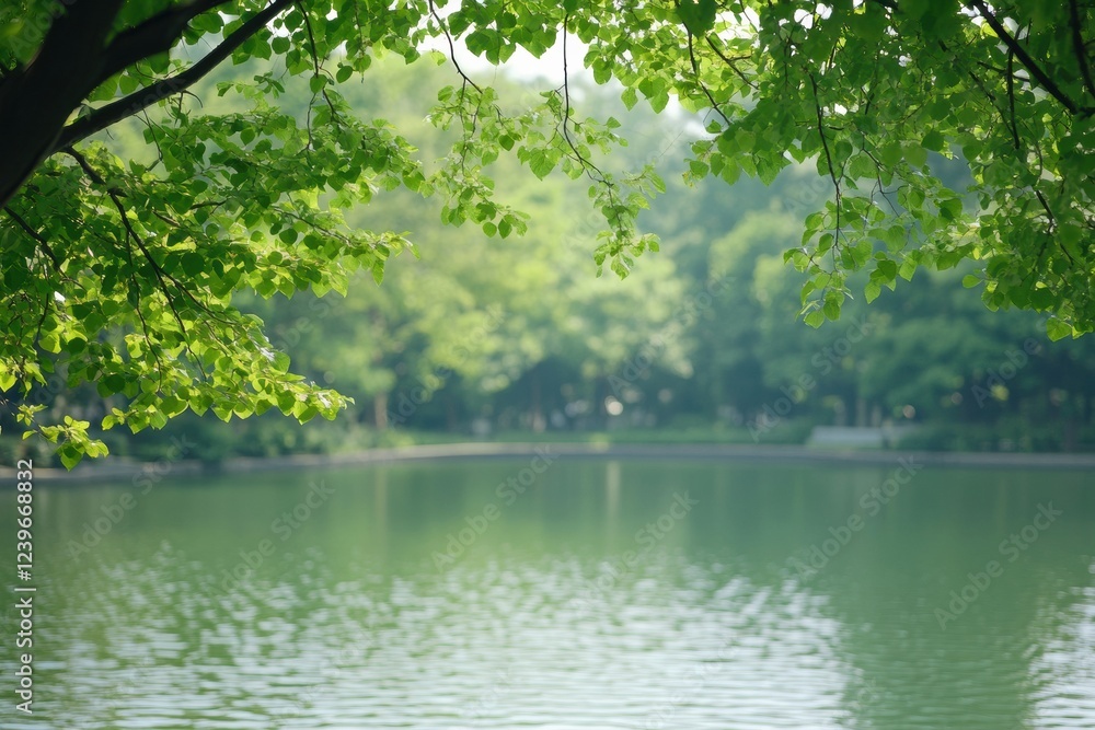 Serene green landscape with tranquil water reflecting lush trees at a peaceful park in summer sunlight. Generative AI Serene green landscape with tranquil water reflecting lush trees at a peaceful park in summer sunlight. Generative AI