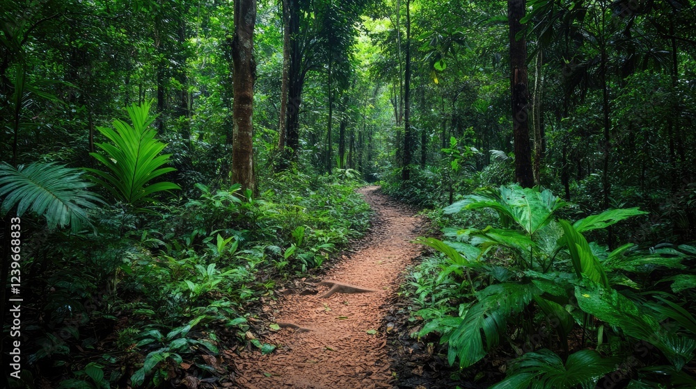 A trail through a dense, vibrant forest showcases a beautiful array of vegetation, highlighting the interconnectedness and diversity of species thriving together. A trail through a dense, vibrant forest showcases a beautiful array of vegetation, highlighting the interconnectedness and diversity of species thriving together.