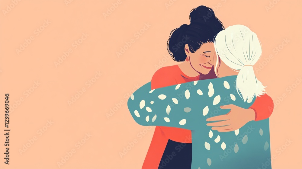 Obraz premium Heartwarming Image of Elderly Woman and Young Adult Bonds in Loving Embrace, Perfect for Illustrating Family Ties, Intergenerational Relationships, and Emotional Support