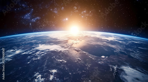 Fototapeta Naklejka Na Ścianę i Meble -  Suitable for space exploration, sci-fi themes and futuristic presentations, this futuristic space station overlooks earth. Celestial Themes. Illustration