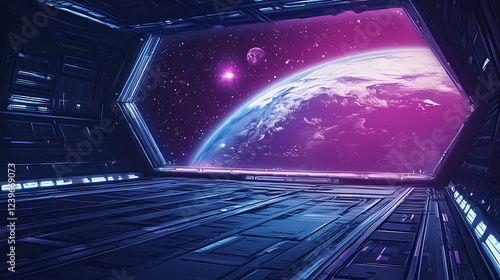 Fototapeta Naklejka Na Ścianę i Meble -  Suitable for space exploration, sci-fi themes and futuristic presentations, this futuristic space station overlooks earth. Celestial Themes. Illustration