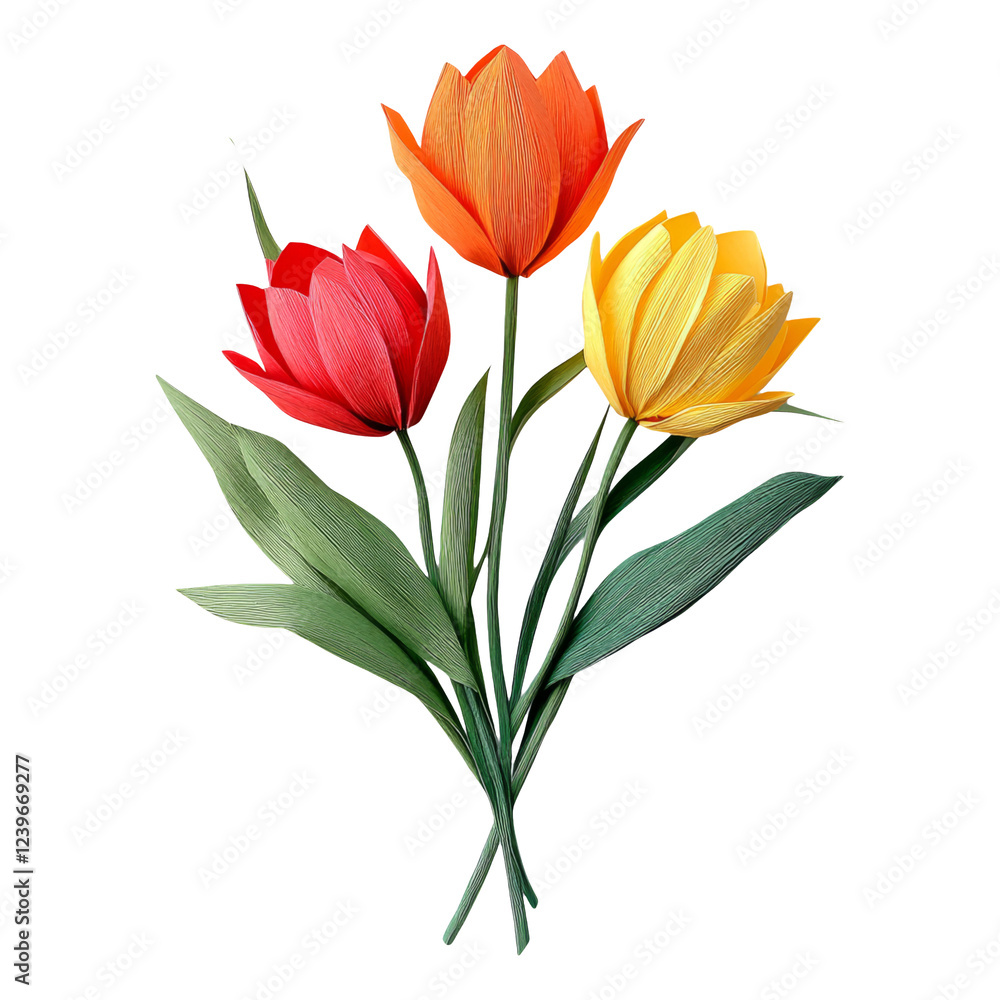 Vibrant bouquet of tulips in red, orange, and yellow against a transparent background, ideal for floral-themed designs Vibrant bouquet of tulips in red, orange, and yellow against a transparent background, ideal for floral-themed designs
