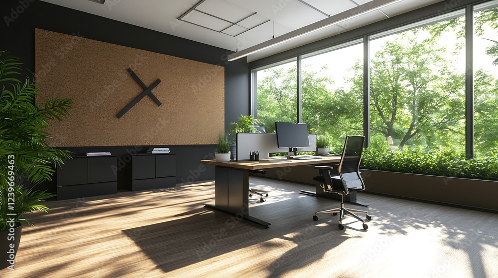 Fototapeta premium Modern office space with large windows, plants, and stylish furniture, creating a bright and inviting atmosphere.