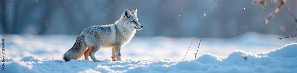 Obraz premium Arctic fox in snowy landscape, wildlife, nature, northern lands