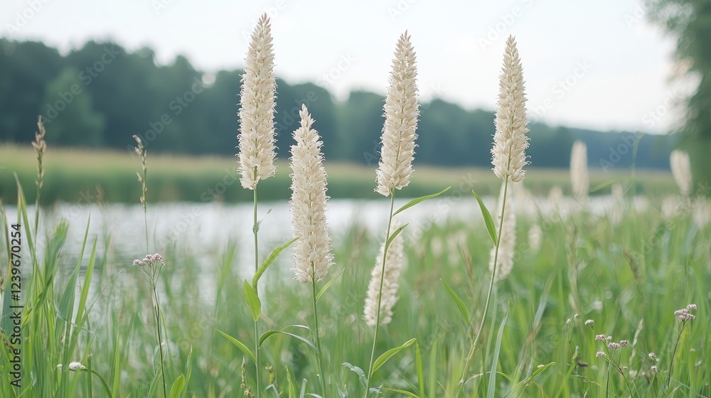 Fototapeta premium White flowers by river, summer landscape, nature background, idyllic scene